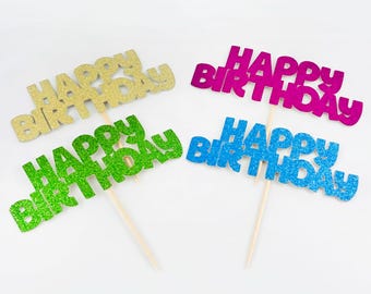 Glitter Happy Birthday Cupcake Toppers: Party Food Picks (Set of 6)
