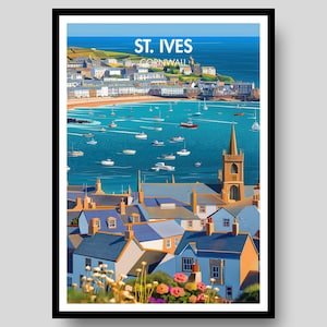May include: A travel poster featuring a coastal town scene with the text ST. IVES CORNWALL. The image displays blue-roofed houses, a sandy beach, and a harbor filled with small boats on deep blue water, under a clear sky with a church tower.