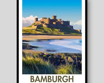 Plakat z zamkiem Bamburgh – sztuka wybrzeża Northumberland