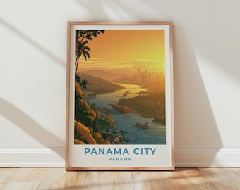 May include: A framed vertical art print featuring a sunset view of the Panama Canal and Panama City skyline. The illustration shows cargo ships on the water, lush green hills with palm trees, and the text PANAMA CITY PANAMA at the bottom.
