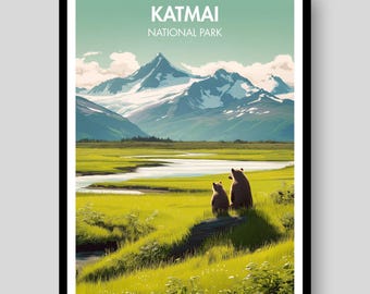 Plakat z Parku Narodowego Katmai – Alaska – Niedźwiedzie grizzly – Katmai – Wydruk z Parku Narodowego Katmai – Prezenty z Alaski – Plakat z Alaski – Alaska