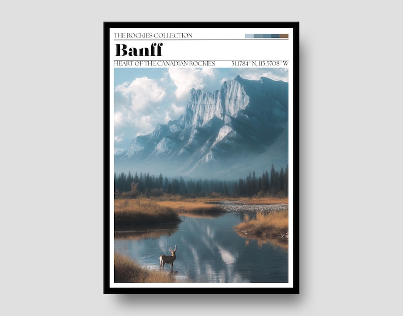 May include: A framed art print featuring a scenic landscape of Banff, Canada. The image showcases a mountain range reflected in a calm lake, with a deer standing in the water. The text "Banff" and "Heart of the Canadian Rockies" are displayed at the top.