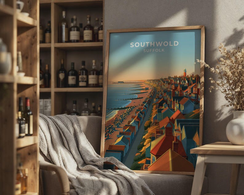 Southwold Travel Poster Lighthouse Beach Huts Vintage Coastal Wall Southwold Travel Poster Lighthouse Beach Huts Vintage Coastal Wall