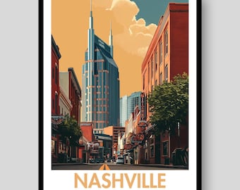 May include: A vertical art print featuring a street-level view of Nashville, Tennessee, with the iconic Batman Building rising in the center. The scene includes red brick buildings, green trees, and a warm orange sky. The text reads NASHVILLE TENNESSEE.