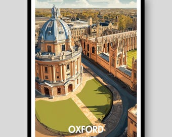 May include: A framed art print featuring an aerial illustration of the Radcliffe Camera in Oxford, England. The scene depicts the domed stone building, surrounding historic architecture, green lawns, and a curved road, with the text OXFORD ENGLAND.