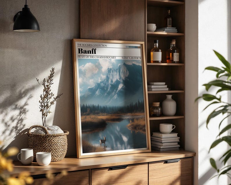 May include: A framed art print of Banff National Park, featuring a mountain range reflected in a lake. The print has a wooden frame and the text "Banff" at the top. The scene includes a deer and trees, with a cloudy sky.