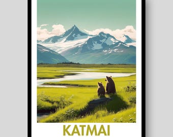 Plakat z Parkiem Narodowym Katmai – Alaska – Plakat z niedźwiedziem grizzly – Katmai – Wydruk z Parku Narodowego Katmai – Prezenty z Alaski – Plakat z Alaski