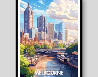 Póster turístico de Melbourne, Australia: lámina con el perfil urbano de la ciudad.