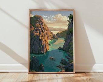 May include: A framed travel poster featuring a landscape illustration of Palawan, Philippines. The artwork depicts towering dark cliffs surrounding turquoise water with a small boat in the center. The text PALAWAN PHILIPPINES is printed at the top.
