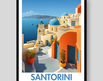 Santorini Greece Travel Poster – Whitewashed Village Art Print