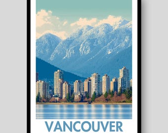 May include: A vertical travel poster featuring a stylized illustration of the Vancouver, Canada skyline. The image displays high-rise buildings along a waterfront, set against a backdrop of snow-capped mountains under a light blue sky. The text reads VANCOUVER CANADA.