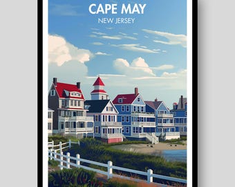 May include: A framed travel poster featuring a row of Victorian-style houses in Cape May, New Jersey. The illustration depicts blue and white homes with red roofs, a white picket fence, green coastal vegetation, and a bright blue sky with clouds.