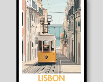 Lisbon Tram Print – Portugal Travel Poster, Coastal City Art