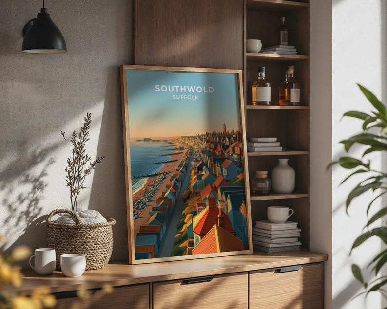Southwold Travel Poster Lighthouse Beach Huts Vintage Coastal Wall Southwold Travel Poster Lighthouse Beach Huts Vintage Coastal Wall
