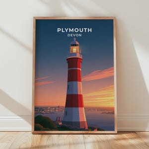 Plymouth Travel Poster - Smeaton's Tower Lighthouse Coastal Wall Art - Devon Print