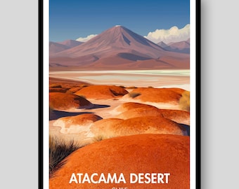 Puede incluir: Un póster de viaje enmarcado que muestra un paisaje del desierto de Atacama en Chile. La escena presenta montículos desérticos texturizados de color naranja vibrante en primer plano, una salina clara y una gran montaña bajo un cielo azul.