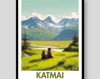 Plakat z Parkiem Narodowym Katmai - Plakat z niedźwiedziem grizzly - Alaska - Plakat z Alaski - Wydruk z Katmai - Wydruk z Alaski - Sztuka Katmai - Prezenty z Alaski