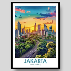 Op de afbeelding: Een verticale kunstdruk met een gestileerd stadsgezicht van Jakarta, Indonesië. De afbeelding toont een moderne skyline met hoge wolkenkrabbers onder een levendige zonsonderganglucht met oranje en blauwe wolken, boven een kronkelende weg en bomen.