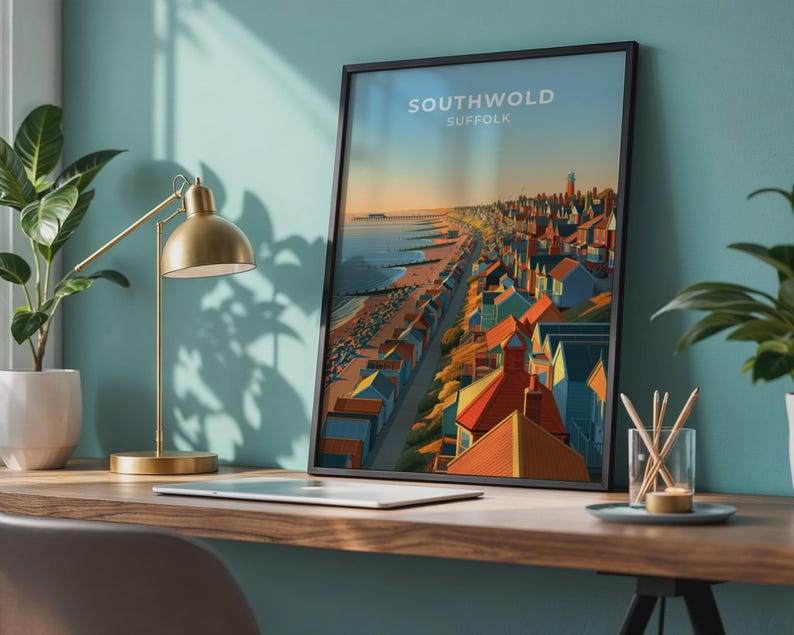 Southwold Travel Poster Lighthouse Beach Huts Vintage Coastal Wall Southwold Travel Poster Lighthouse Beach Huts Vintage Coastal Wall