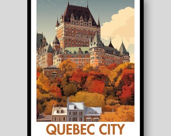 Puede incluir: Un póster de viaje vertical que muestra el Chateau Frontenac en la ciudad de Quebec, Canadá. La ilustración representa el gran hotel histórico con techos de cobre sobre un denso bosque de árboles otoñales en tonos naranja, rojo y amarillo.