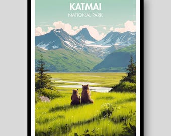 Plakat z Parkiem Narodowym Katmai - Plakat z niedźwiedziem grizzly - Alaska - Plakat z Alaską - Wydruk z Katmai - Wydruk z Alaski - Sztuka Parku Narodowego Katmai