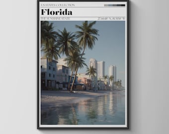 Florida Travel Poster Art Print Palm Trees Beach Cityscape