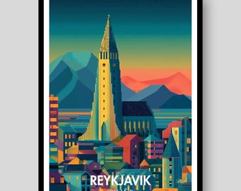 May include: A framed art print featuring a stylised illustration of the Hallgrímskirkja church in Reykjavik, Iceland. The scene displays a tall, yellow-toned church tower surrounded by colourful buildings, mountains, and a sunset sky with text.