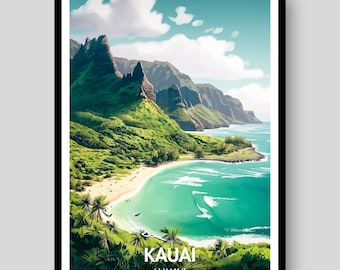 May include: A vertical travel poster print featuring a coastal landscape of Kauai, Hawaii. The illustration depicts lush green mountains meeting a sandy beach and turquoise ocean waters under a bright sky with white clouds. The text KAUAI HAWAII is centered.
