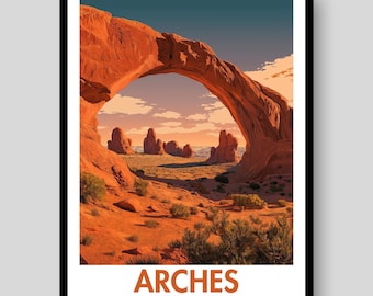 Póster del Parque Nacional Arches – Lámina de viaje de Utah, paisaje desértico