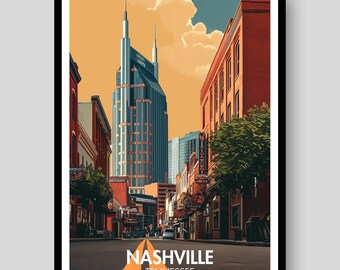 Puede incluir: Una impresión artística vertical que muestra una vista de la calle de Nashville, Tennessee. La composición destaca el icónico rascacielos Batman Building bajo un cielo naranja cálido, flanqueado por edificios de ladrillo rojo y letreros, con el texto NASHVILLE TENNESSEE en la parte inferior.
