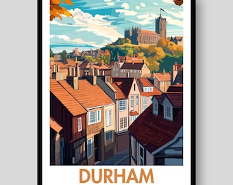 May include: A framed travel poster illustration of Durham, England, featuring a cityscape with orange-tiled roofs, stone buildings, and a prominent cathedral on a hill under a blue sky with clouds. The text DURHAM ENGLAND is printed at the bottom.