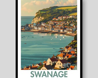 Swanage Travel Poster – Dorset, Jurassic Coast Seaside Art