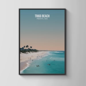 May include: A framed wall art print featuring a coastal scene of Trigg Beach in Perth, WA. The image displays a sandy beach with palm trees, turquoise ocean waves, and people swimming and surfing under a soft gradient sky with white text.