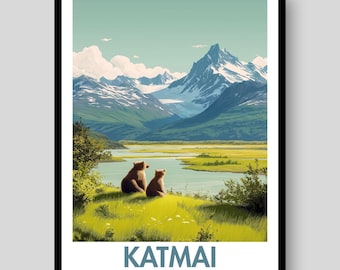 Plakat z Parkiem Narodowym Katmai - Plakat z Alaski - Katmai - Sztuka ścienna z Katmai - Plakat z Parkiem Narodowym - Alaska - Sztuka ścienna z Alaski - Niedźwiedzie grizzly