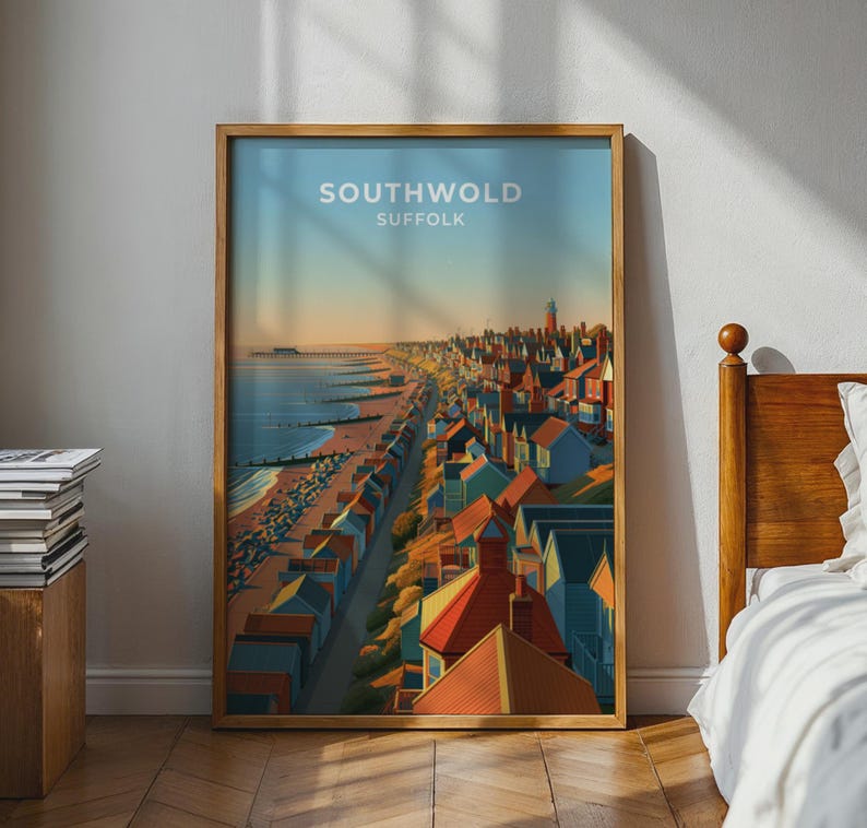 Southwold Travel Poster Lighthouse Beach Huts Vintage Coastal Wall Southwold Travel Poster Lighthouse Beach Huts Vintage Coastal Wall