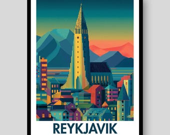 May include: A framed art print featuring a stylised illustration of the Hallgrímskirkja church in Reykjavik, Iceland. The image displays a tall, yellow church tower surrounded by colourful buildings, blue mountains, and a sunset sky with the text REYKJAVIK ICELAND.
