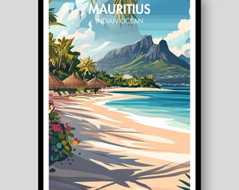 May include: A framed travel poster featuring a tropical beach scene in Mauritius, Indian Ocean. The illustration depicts a sandy shore with thatched umbrellas, palm trees, vibrant flowers, and a large mountain under a blue sky with clouds.