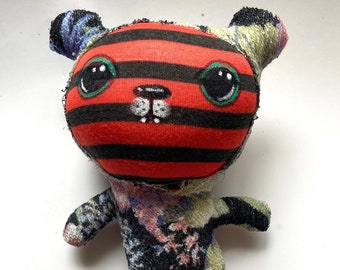 Handmade Bear Art Doll: Striped Cotton, Floral Terry Cloth Stuffed Animal