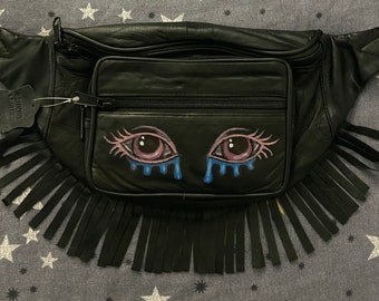 Black Leather Fringed Cry Eye Hand Painted Fanny Pack, eye fannypack, one of a kind fanny, witchy fanny, crying eyes fanny, witchy looks