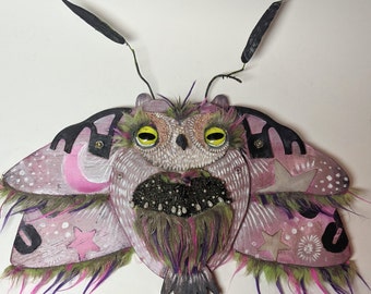 Owl Moth Hybrid Assemblage art, moth art, owl art, moth, owl, assemblage, found object art, fine art, wall sculpture, 3d art