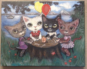 Kitten Lowbrow Art, Kitten Print Painting, 8x10, lowbrow art, kitten picnic, kitten art, cute kittens,