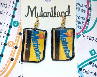 Handmade NYC Metrocard Dangle Earrings: Polymer Clay, Gold French Hooks