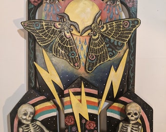 Country Goth, Moth Woodcut art, rainbow artwork, modern folk art, skelleton art, lightening bolt art, wood cut artwork,, witchy artwork