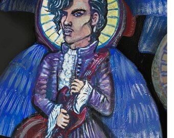 Purple Rain Angel Art: Hand-Painted Wooden Icon