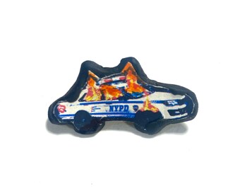 Burning Cop Car Polymer Clay Pin: Handmade Punk Pin