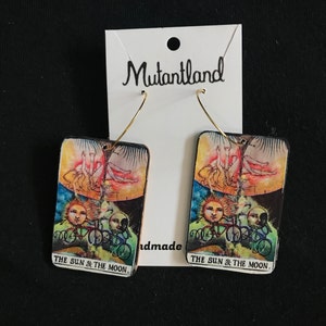 Sun & Moon Art dangle earrings on rectangles with Gold plated hoops, sun, moon, sun earrings, moon earrings, art earrings, tarot earrings