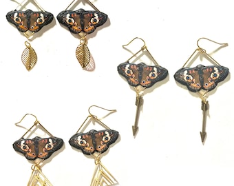 Butterfly Earrings, Buckeye Butterfly, Handmade Butterfly Earrings, polimer clay earrings, with Charms (Gold), boho earrings, artsy, gala