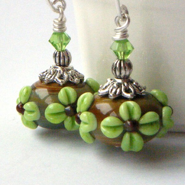 Lampwork Earrings - Green Brown, Long Dangle, Lampwork Glass Beads, Floral, Swarovski Crystal - 'Woodland'