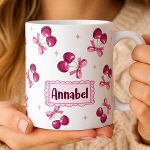Custom Name Coffee Cup, Personalized Ceramic Mug, Coquette Cherry Tea Mug, Pink Bow Aesthetic Cup, Cute Girly Pottery Mug, Coffee Lover Gift