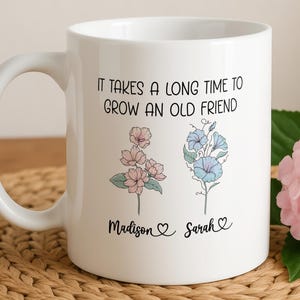 Demora muito para crescer uma caneca de velho amigo, caneca de amizade personalizada, caneca floral personalizada, caneca de flor do mês de nascimento, presente para melhor amigo